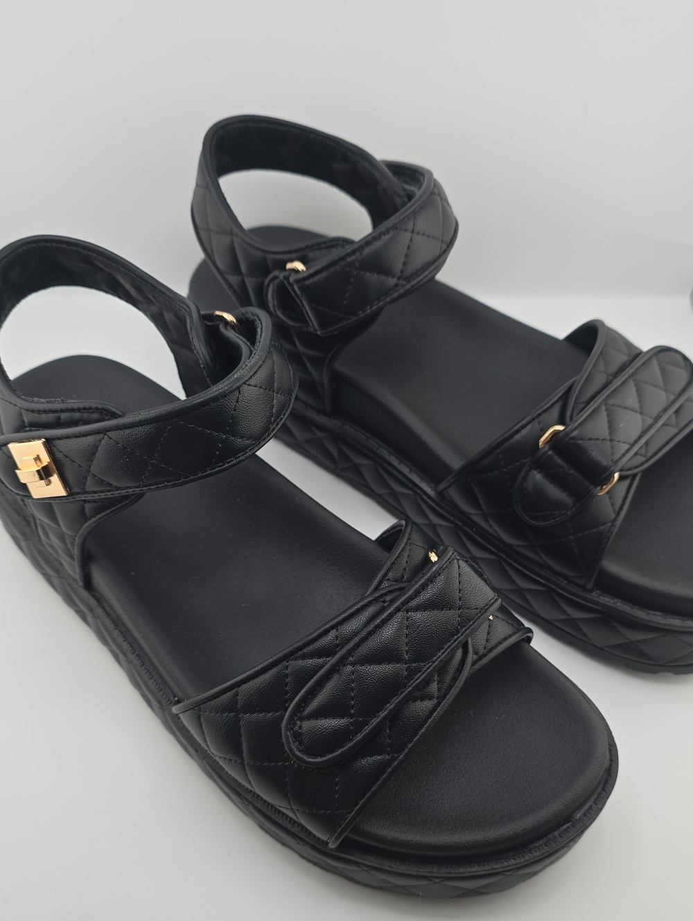 Black Quilted Leather Slingback Flatform Sandals - Picture 14 of 16
